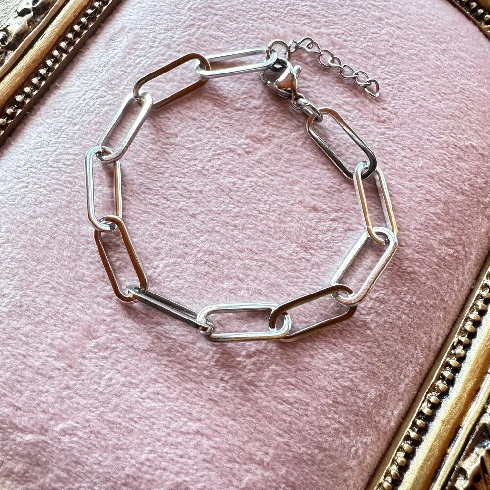 6.5" + 1" Large Link Paperclip Chain Bracelet Stainless Steel Adjustable - Picture 2 of 4